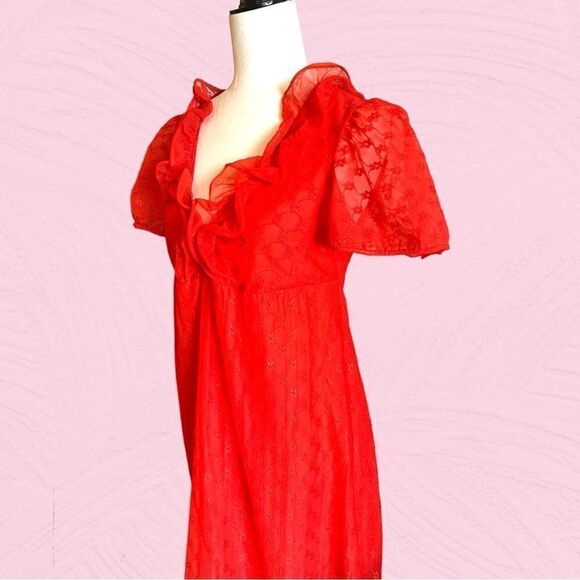 Vintage 60s bright red ruffled maxi gown - Picture 3 of 14